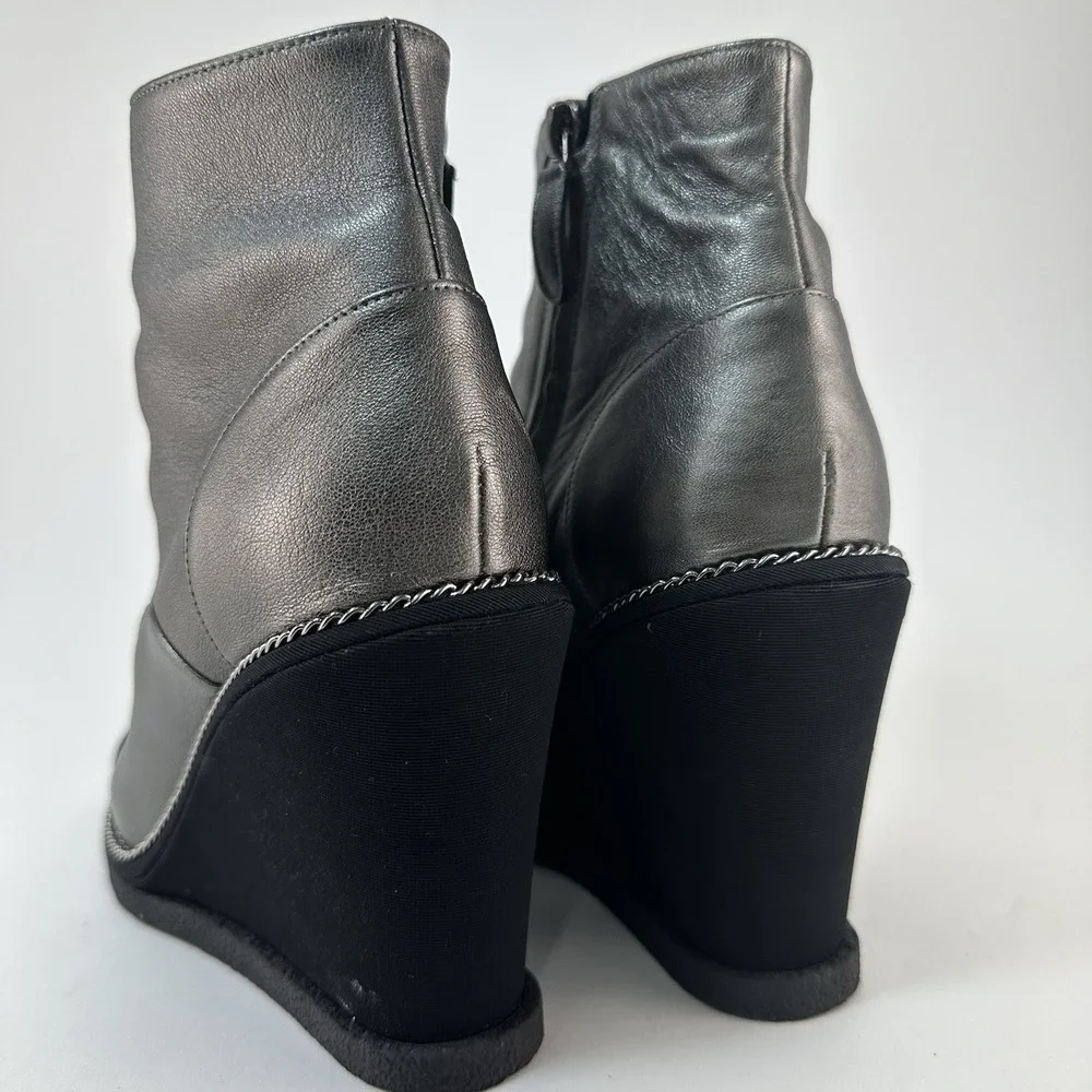 CHANEL Black Leather CC Logo Wedge Boots Size 37.5 Made In Italy